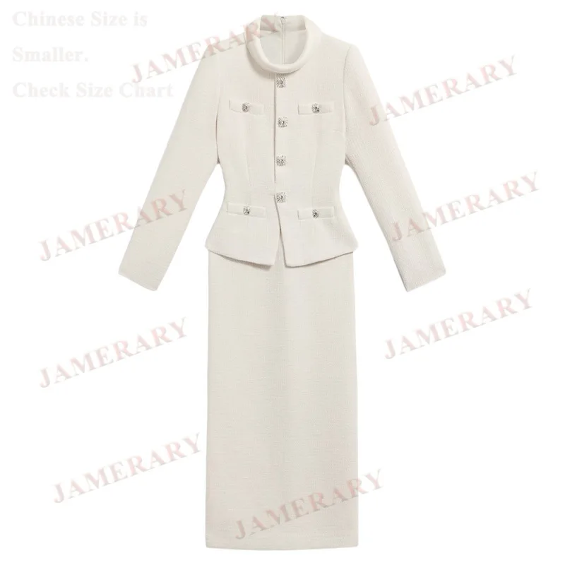 Marca de qualidade outono inverno branco manga longa tweed conjunto de duas peças feminino vestidos longos único breasted luxo formal vestido de noite