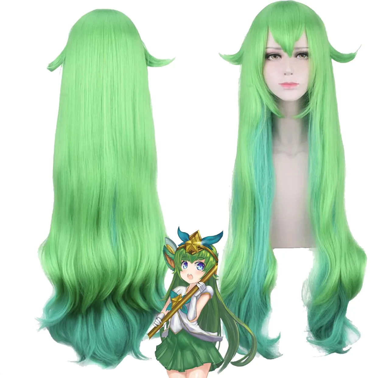 

Women Halloween Game LOL Star Guardian Lulu Cosplay Long Green Heat Resistant Synthetic Hair Wig