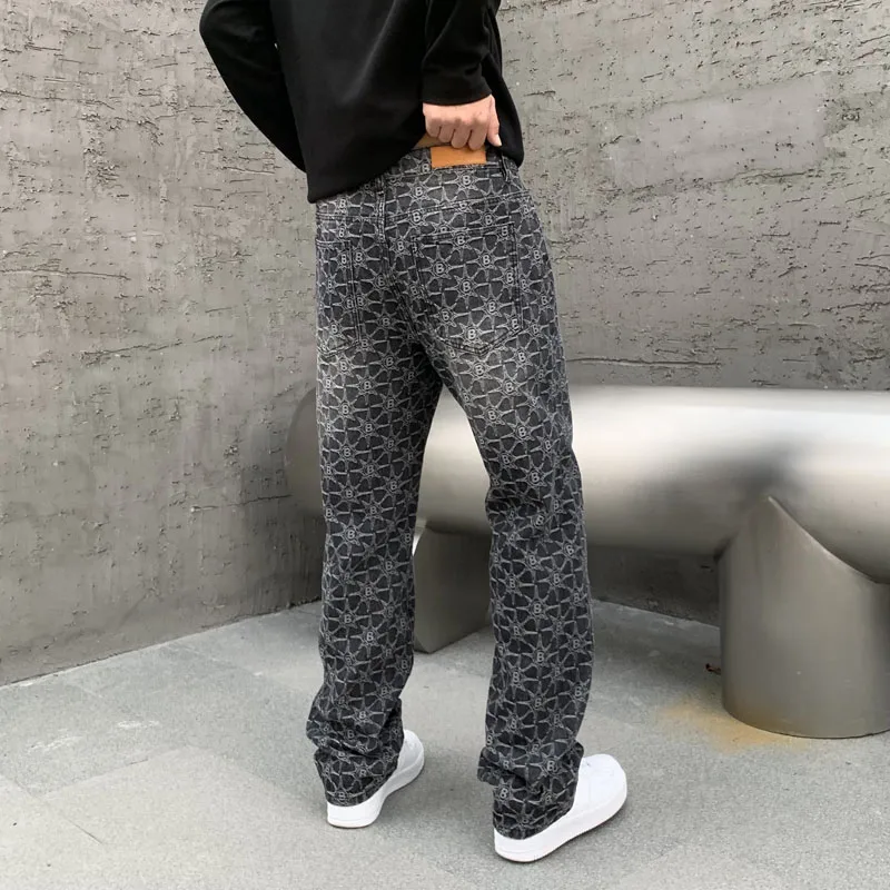 New Heavy Industry Loose Design Pants High End Full Printed Jacquard Straight Leg Wide Leg Fashionable Jeans For Men