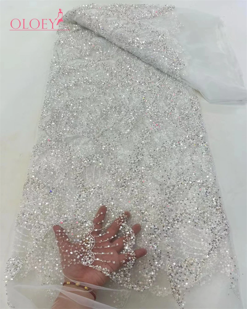 

OLOEYLatest Hot Sale Fashion Africa Lace Fabric High Quality Handmade Embroidery Lace With Beads Sequins Party For Wedding Dress