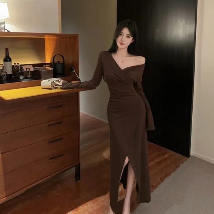

French Elegant V-neck Black Evening Dress For Women Irregular Side-slit High Waist Bodycon Mermaid Gown Party Parm Vestidos Robe