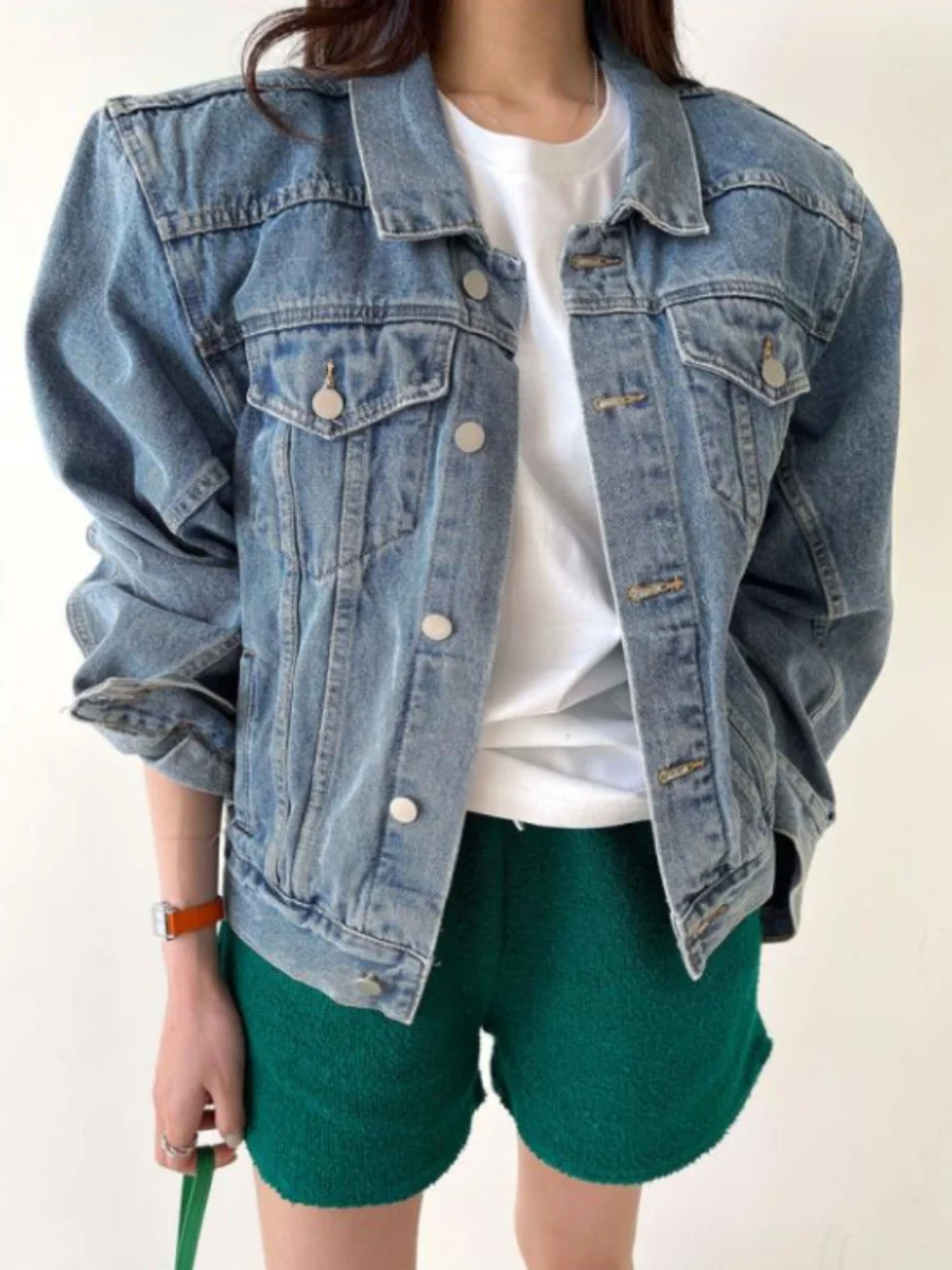 

Retro Waed Motorcycle Jaet Women's Classic Hong Kong Sle Loose Fit Slimming Collar Denim Coat with kets Long Sl...
