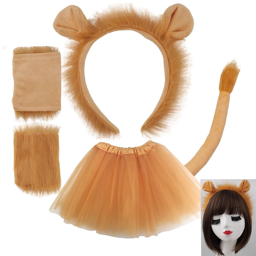 Kids Lion Headband Tail Gloves Cosplay Kawaii Animal Ears Headdress Tie Halloween Party Funny Wearings Adults DIY Accessories