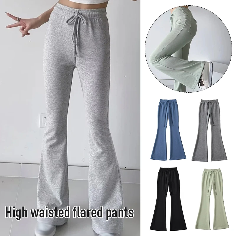 Sexy Hot High Waist Pockets Flare Pants Drawstring High Strecth Comfort Leisure Yoga Joggers Pants Spring Autumn Women Trousers