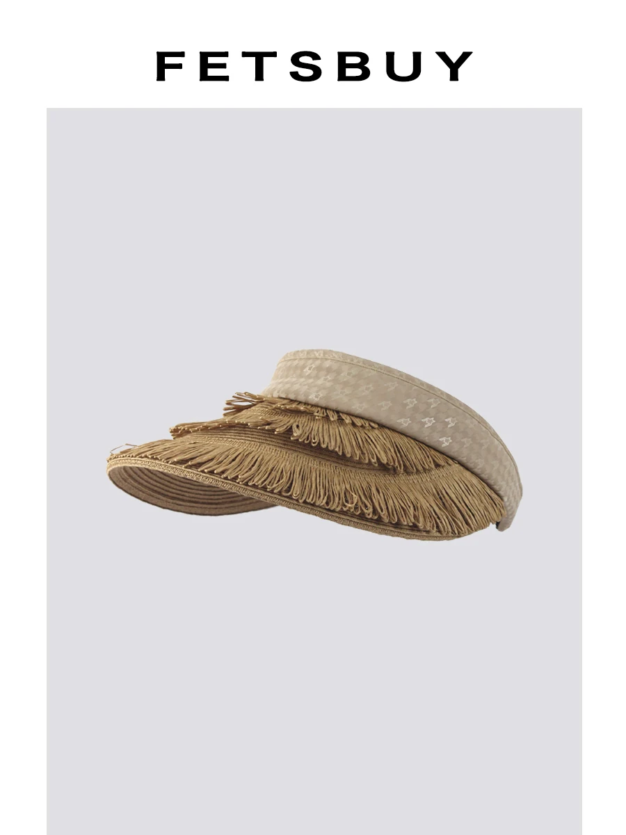 summer-sun-protection-straw-hat-tassel-fringe-breathable-weaving-wicker-cap-empty-top-women's-fashion-accessories-belt-hat