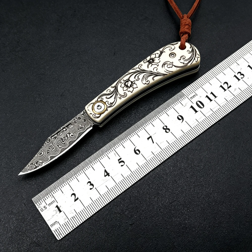 Damascus Camping Preferred Fishing Pocket Folding Knife with Lanyard Outdoor Climbing Emergency Rope Cutting Knives Hiking Tools