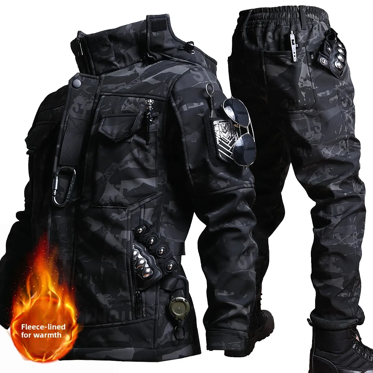 thickened-camouflage-workwear-jacket-outerwear-tactical-fleece-winter-warm-riding-men's-set-long-sleeve-zipper-polyester-fiber