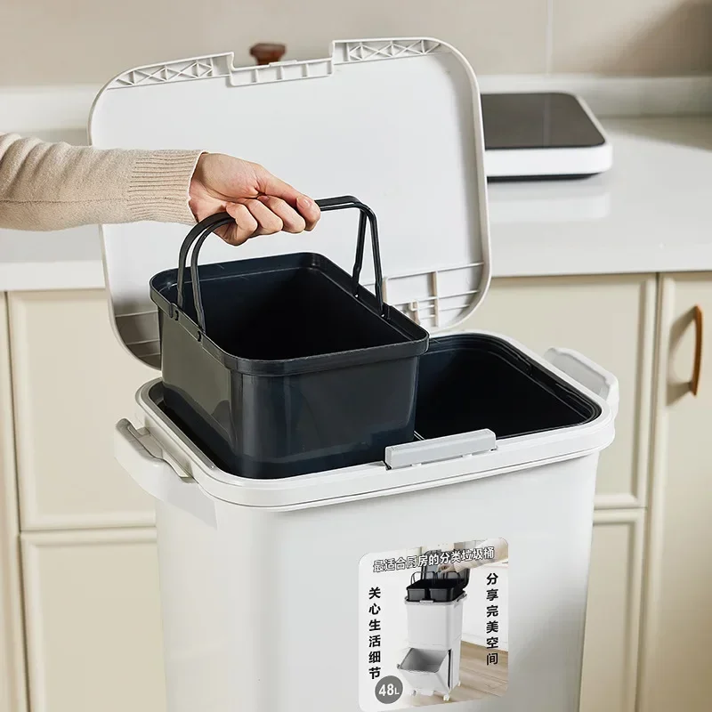 Household Large-capacity Kitchen Trash Can Dry and Wet Sorting Food Waste Press Foot Step with Lid Garbage Sorting Bucket