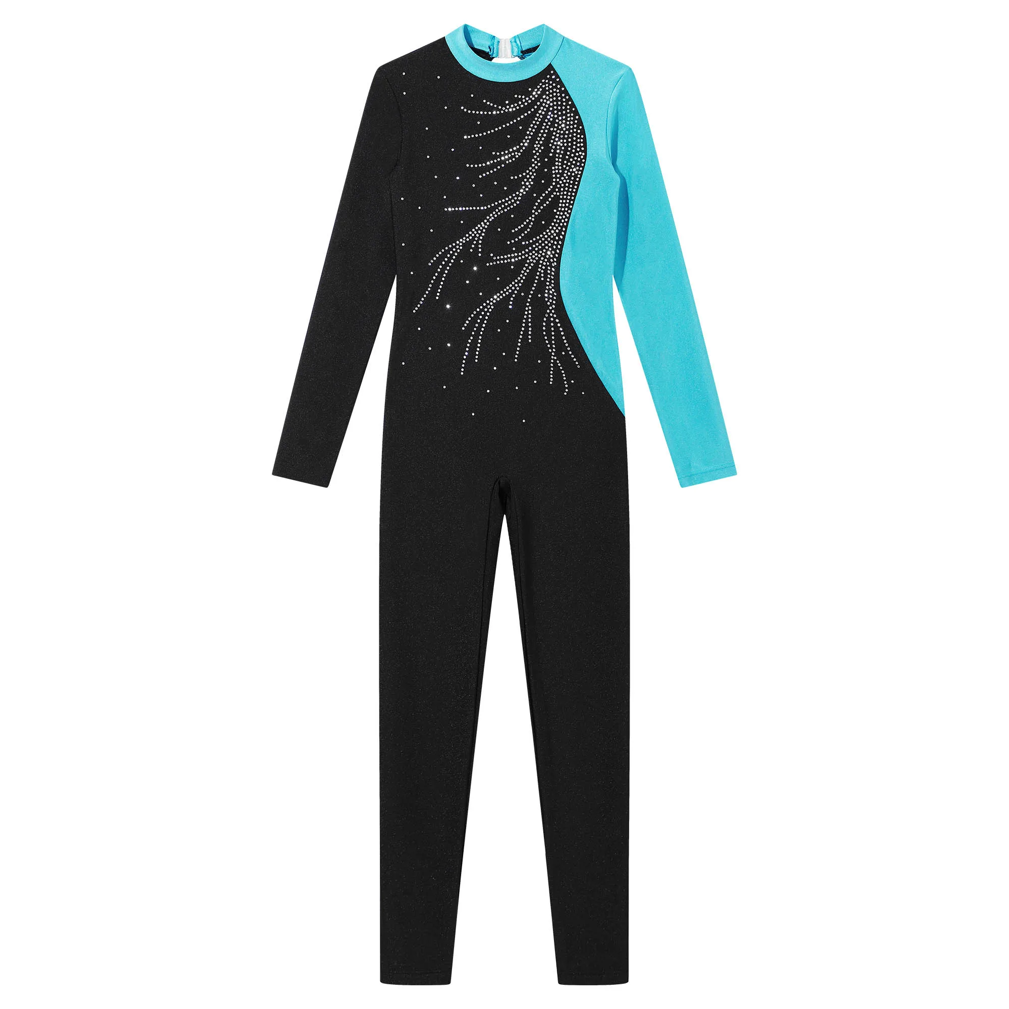 Kids Girls Ballet Dance Jumpsuit Long Sleeve Shiny Rhinestone Gymnastics Workout Dance Bodysuit Romper for Stage Performance