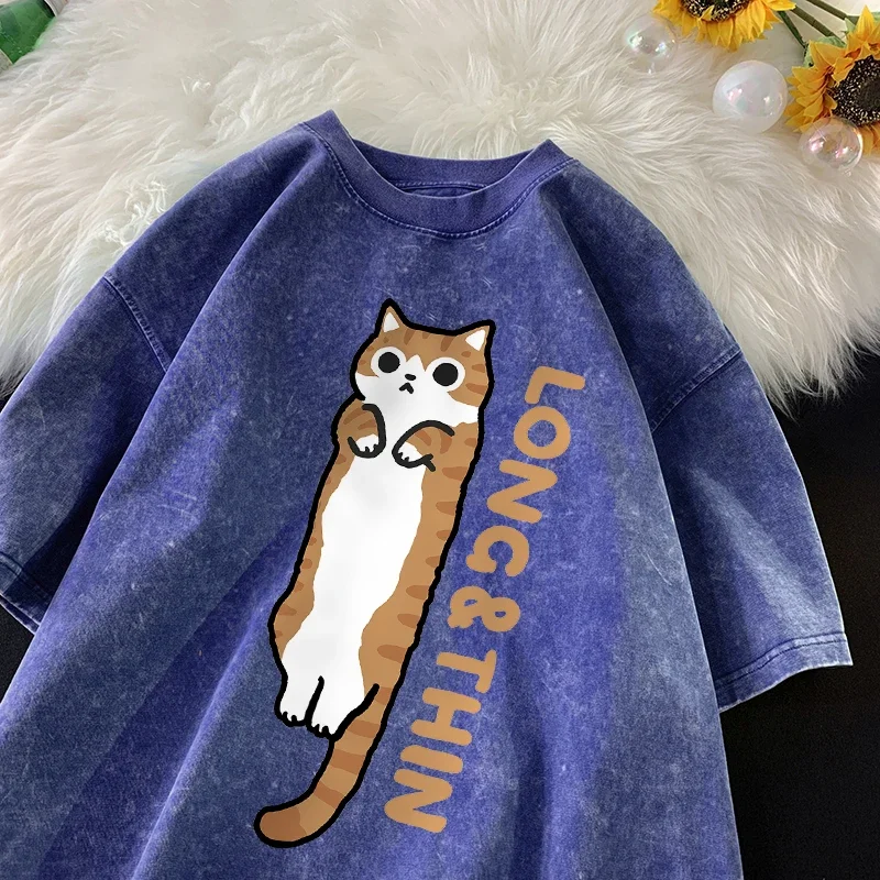 سليم القط المشارب الصيف البرتقال القط سيامي خمر غسلها قصيرة الأكمام تي شيرت الرجال والنساء تي شيرت غير رسمي تي شيرت #5