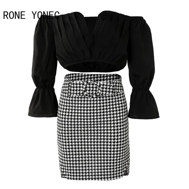 Women Chic with Belt Slash Small V Neck Three Quarter Sleeves Houndstooth Pattern Bottom& Solid Top Bodycon Skirt Sets