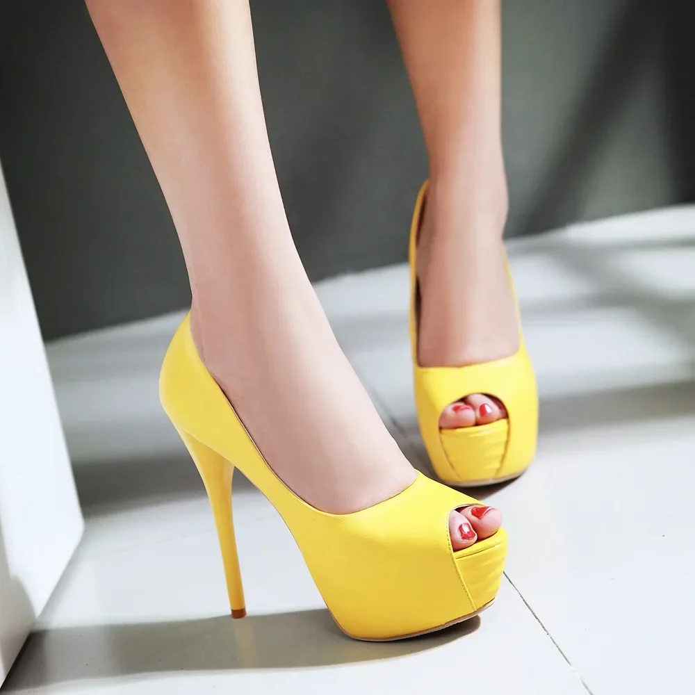 Summer Peep Toe Women Platform Pumps High Heels Sandals Yellow Green Beige Wedding Office Club Dress Ladies Thin Stiletto Shoes