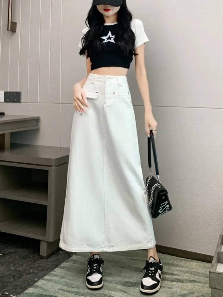 

GUUZYUVIZ Summer A Line Wrapped Hip Split Pencil Women Skirt High Waist Cotton Denim Long Jean Skirts For Ladies