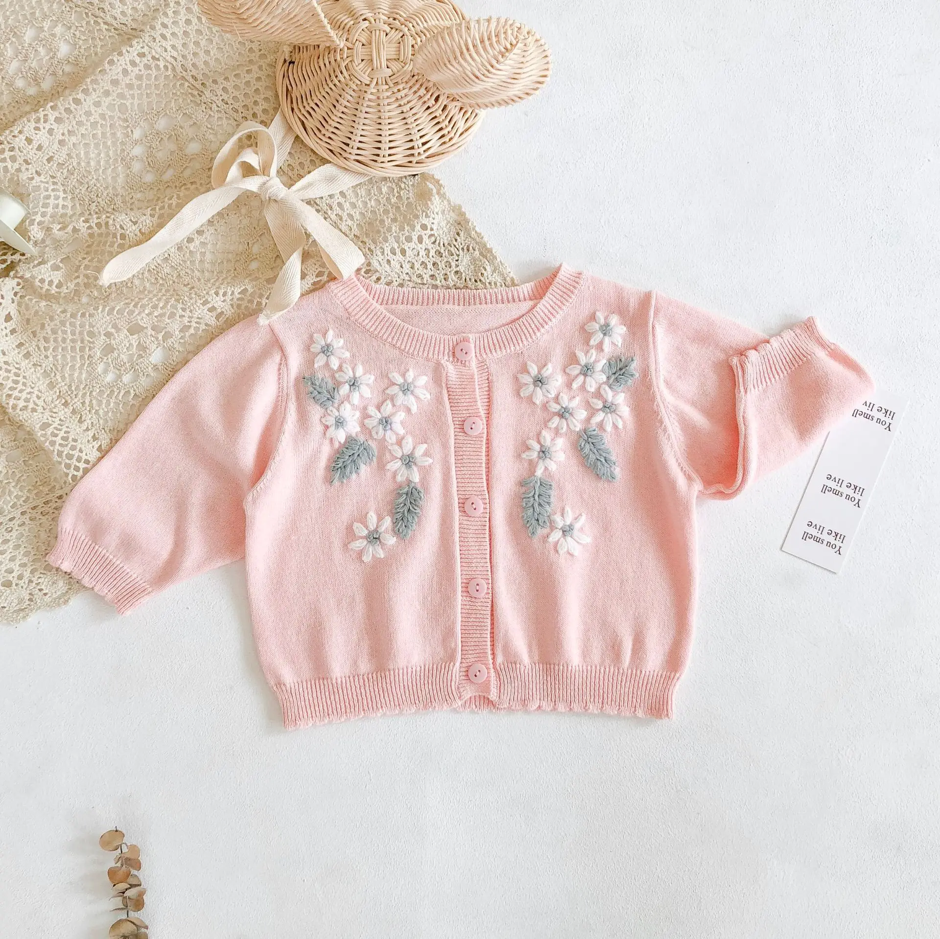 Girls Baby Sweater Coat New Autumn 2024 Girls Baby Long Sleeved Sweet Solid Handmade Knitted Embroidered Sweater Jacket