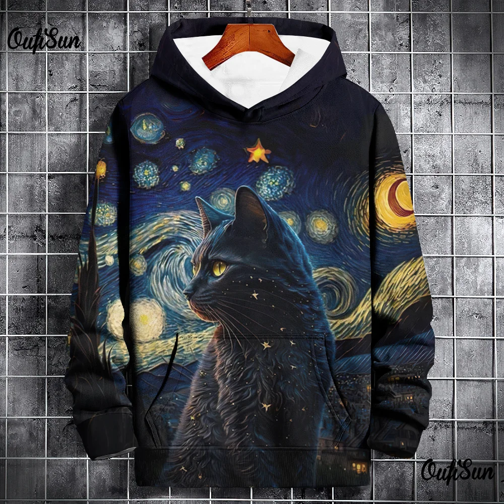 

Fashion Men's Hoodie 3d Starry Sky Cat Printed Street Designer Long Sleeved Loose Oversized Pullover High-Quality Men's Clothing