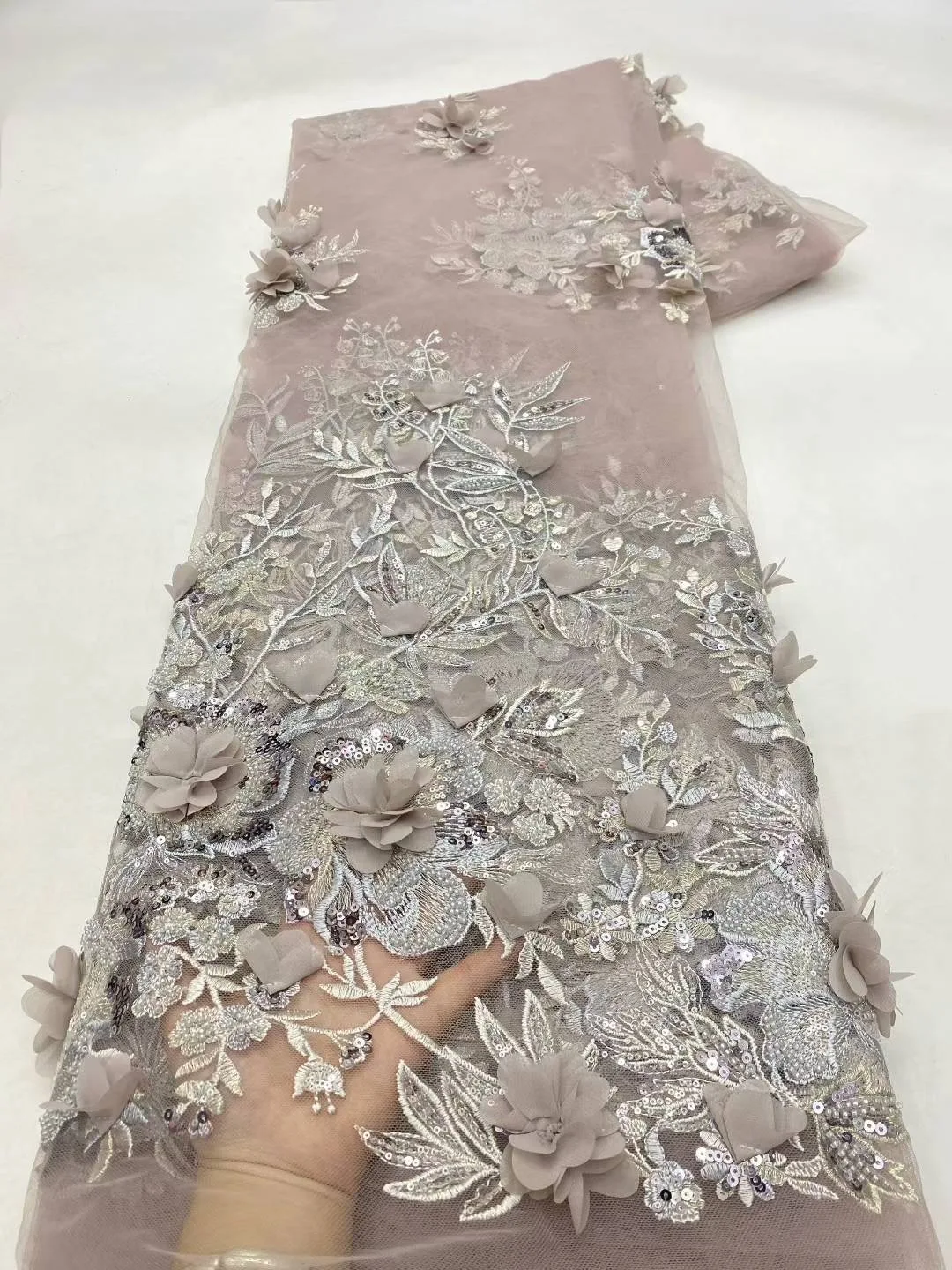 African Lace Fabric 2026 High Quality French 3D Flower Sequins Embroidery Beads Tulle Lace Fabric For Party Dress