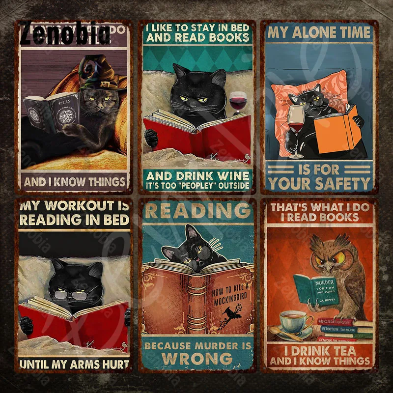 

_ Черный кот, чтение книги, забавный металлический постер, животные, металлические знаки, оловянные знаки, кошка и сова, металлическая пластина для декора комнаты