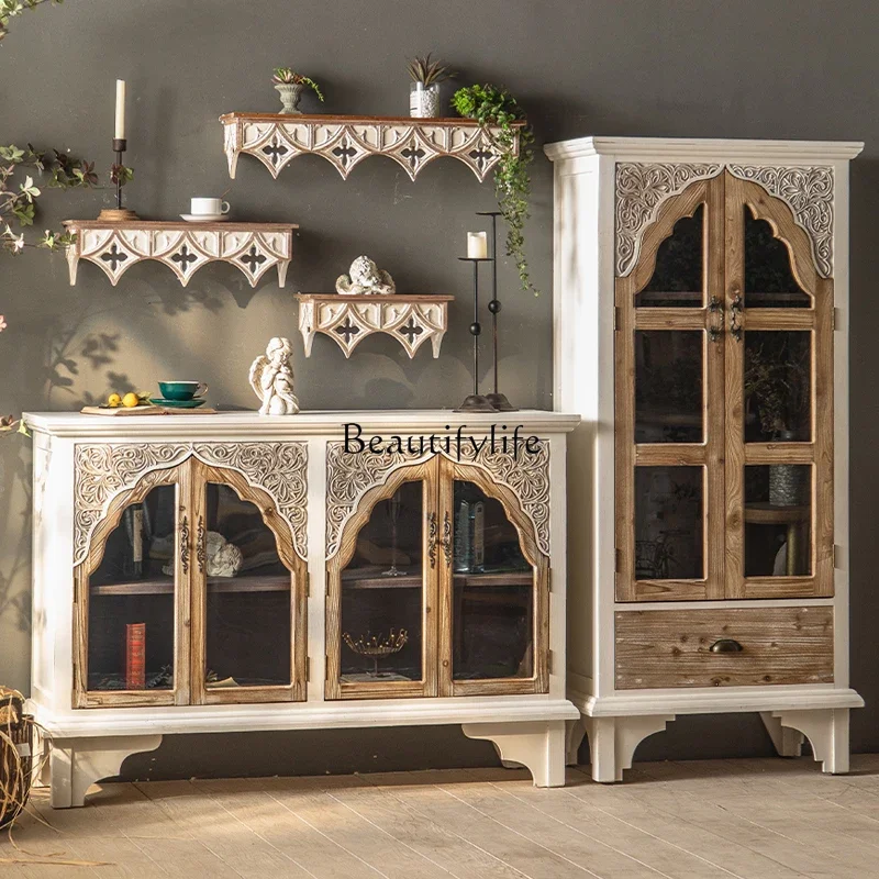 

01American style entrance hall decorative cabinet art engraved entrance cabinet living room creative solid wood storage