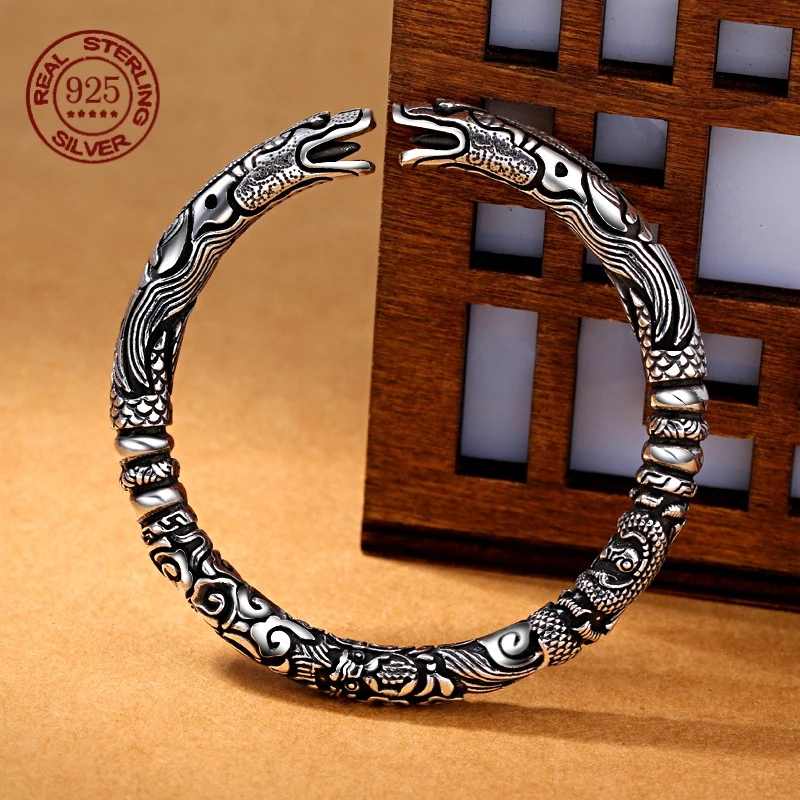 

Double Dragon Head S925 Sterling Silver Bracelets For Men Women Adjustable Wristband Cuff Bracelets Jewelry Gift