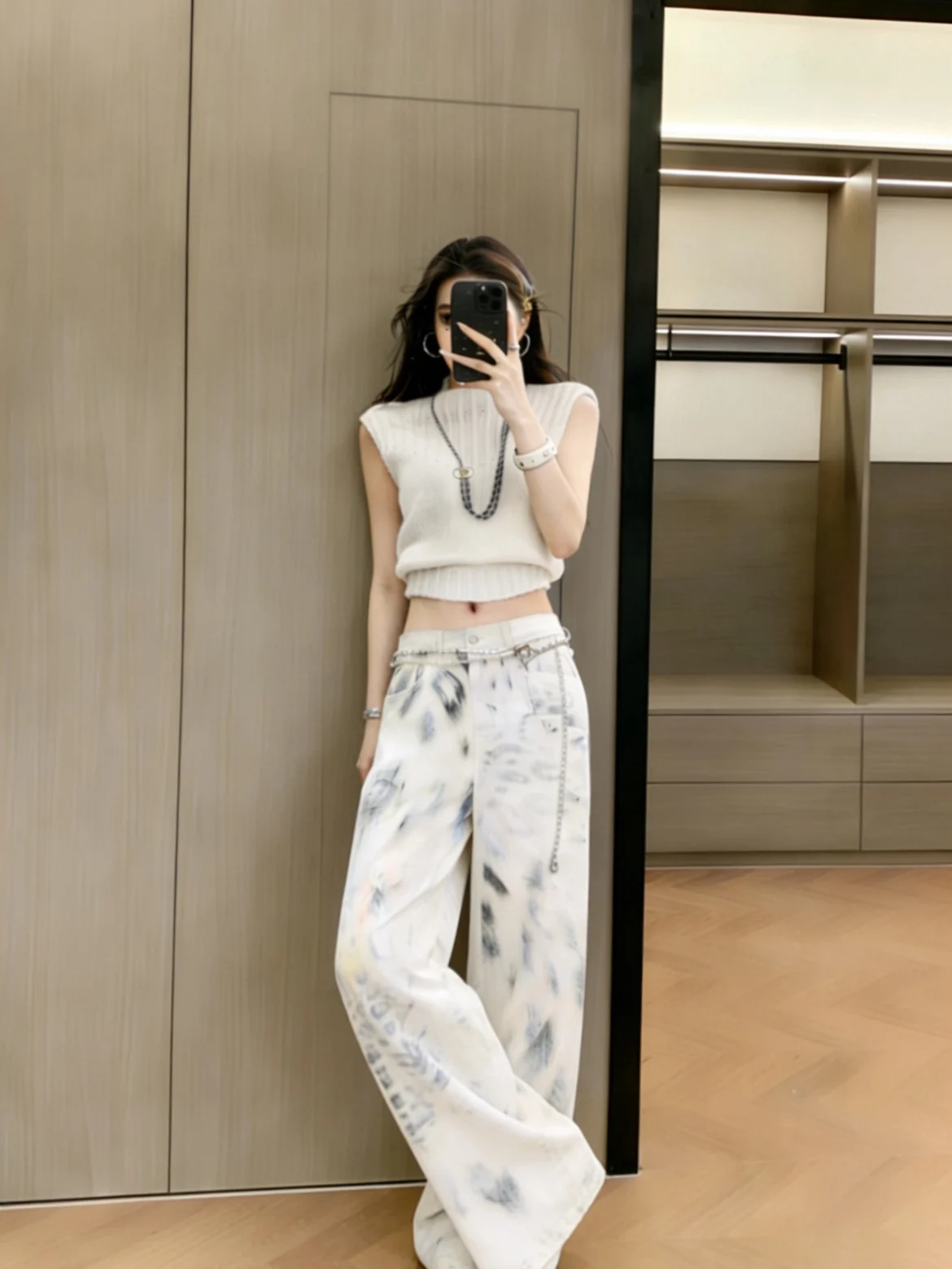 

Beloved High Waist Wide Leg Pants American Retro Style Tie Dye Leopard Print Summer Casual High Waist Straight Cut Trousers