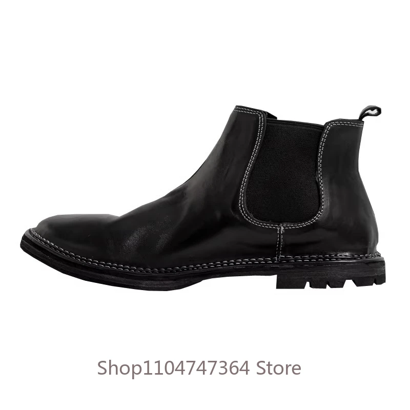 

British Style Genuine Leather High Top Casual Boots Men's Shoes Breathable Outdoor Black Spring Autumn Chelsea Handmade Boots