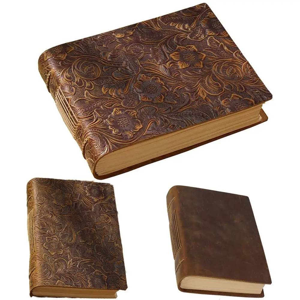Creative Handmade Embossed Sketchbook Unlined Vintage Leather Notebook Blank Paper Genuine Leather Bound Daily Notepad Gift view 5