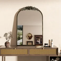 LUVODI Arched Wall Mirror Antique Brass Metal Frame Mirror with Resin Rose Pattern for Entryway Fireplace Living Room Decor