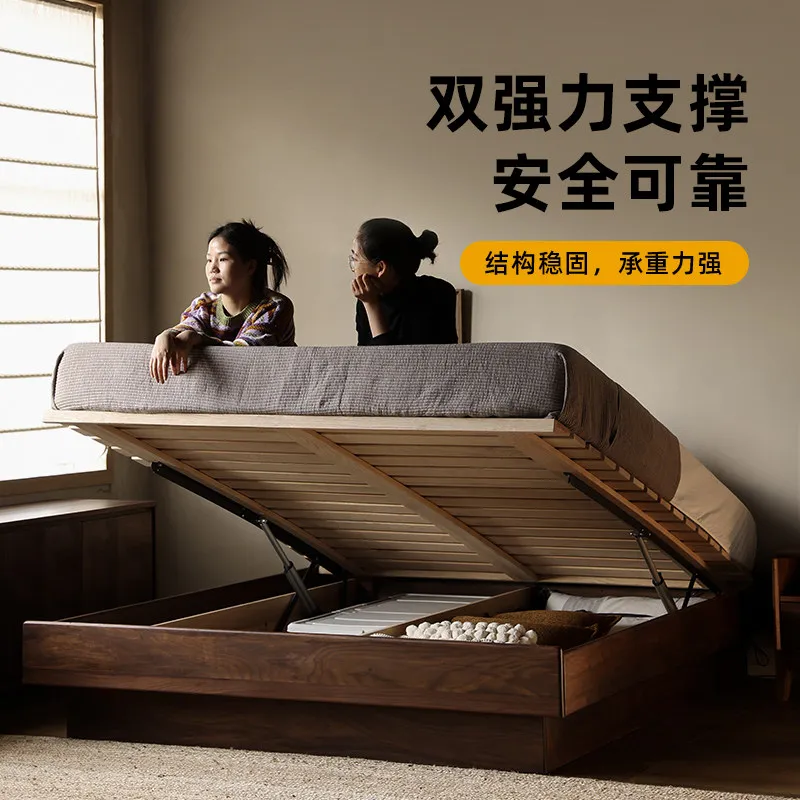 black walnut storage bed tatami small apartment without bedside electric air pressure bed cherry wood high box bed