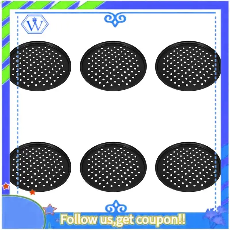 

A55P-6Pcs 10 Inch Personal Perforated Pizza Pans Black Carbon Steel With Nonstick Coating Easy To Clean Pizza Baking Tray
