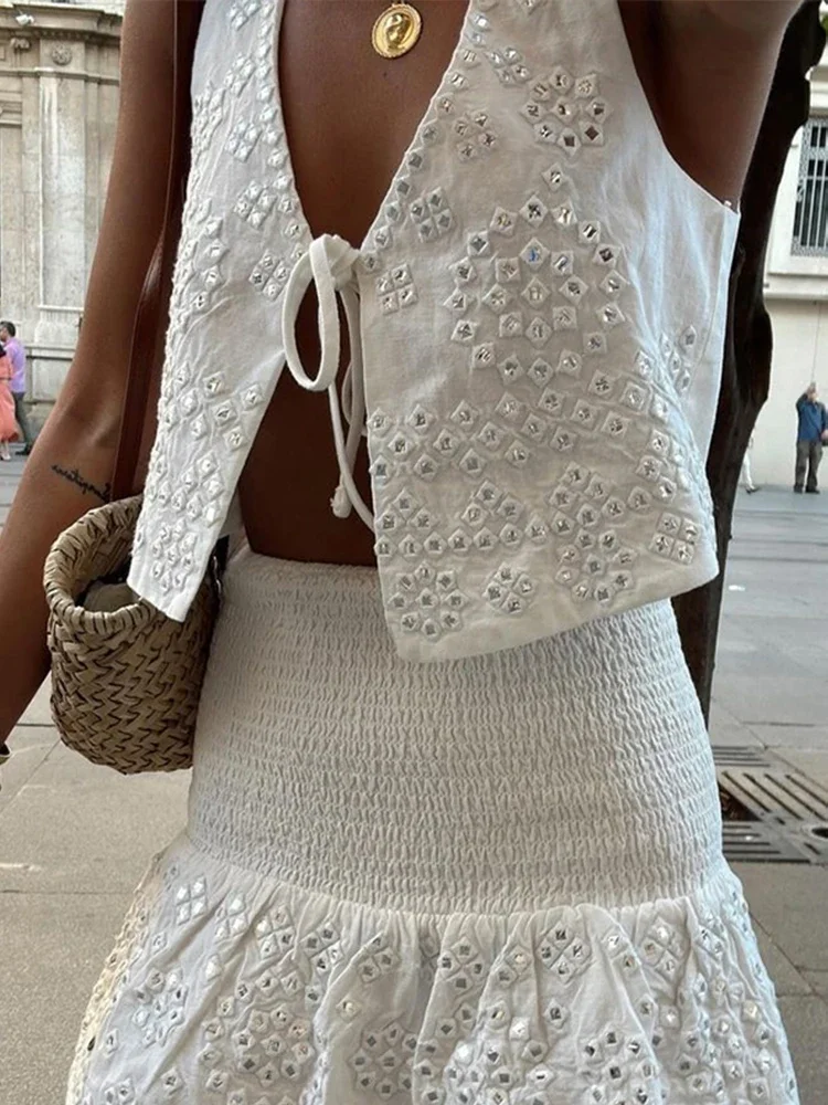 Sequins Vest Skirt Suit Women Loose V-neck Sleeveless Lace Up Top Pleated Mini Skirt 2024 Summer Lady Fshion Holiday 2 Piece Set