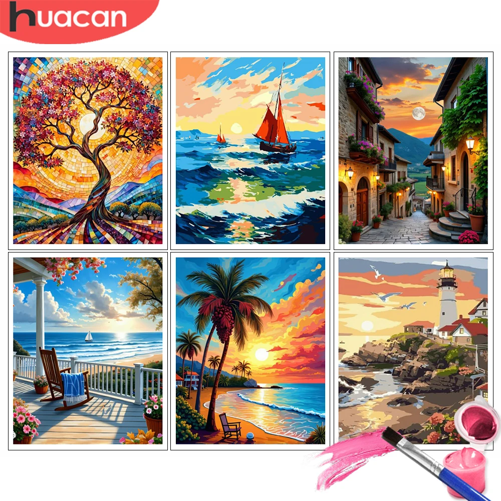 

Painting By Number Kits Sunset Lighthouse Scene Seascape Coastal DIY Digital Oil Painting Landscape Coloring Artcraft Handpaint