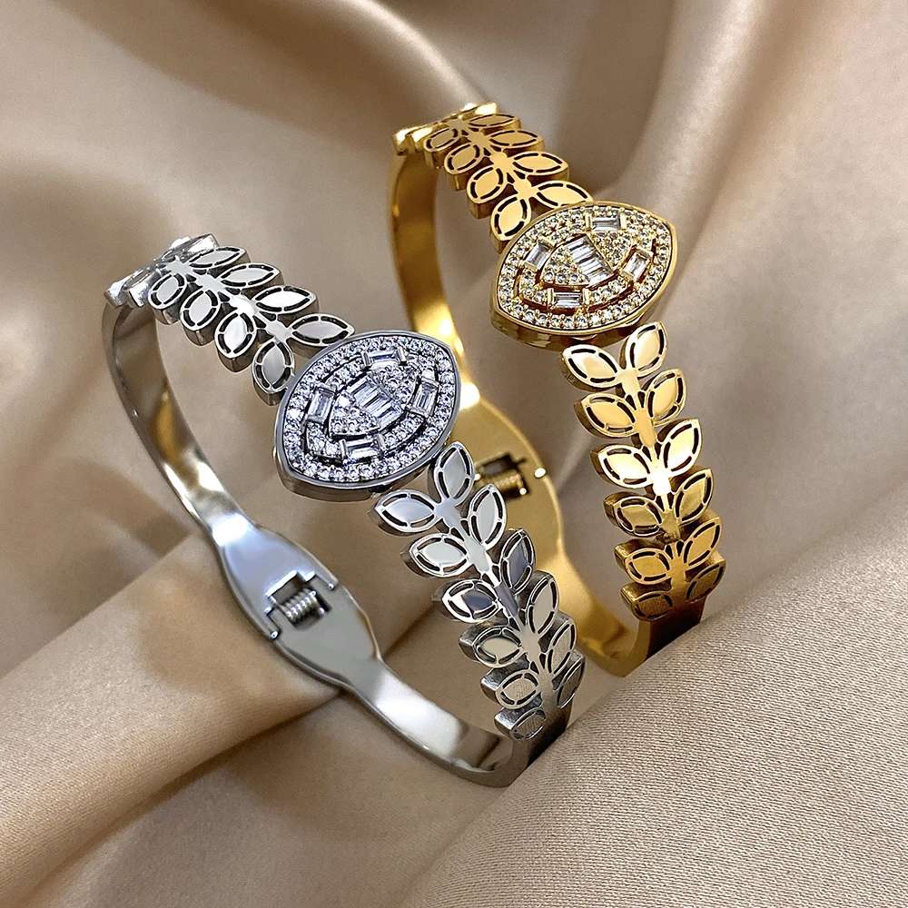 Brazalete de acero inoxidable con incrustaciones de diamantes de imitación de lujo, preciosa circonita sintética, forma de estrellas cuadradas ovaladas geométricas para mujer