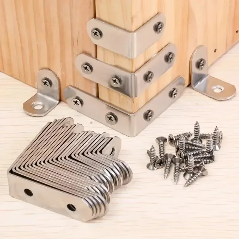 90 Degree L Joint Brackets Stainless Steel Angle Connectors Corner Brace Furniture Wood Shelf Door Cabinet Fastener with Screws