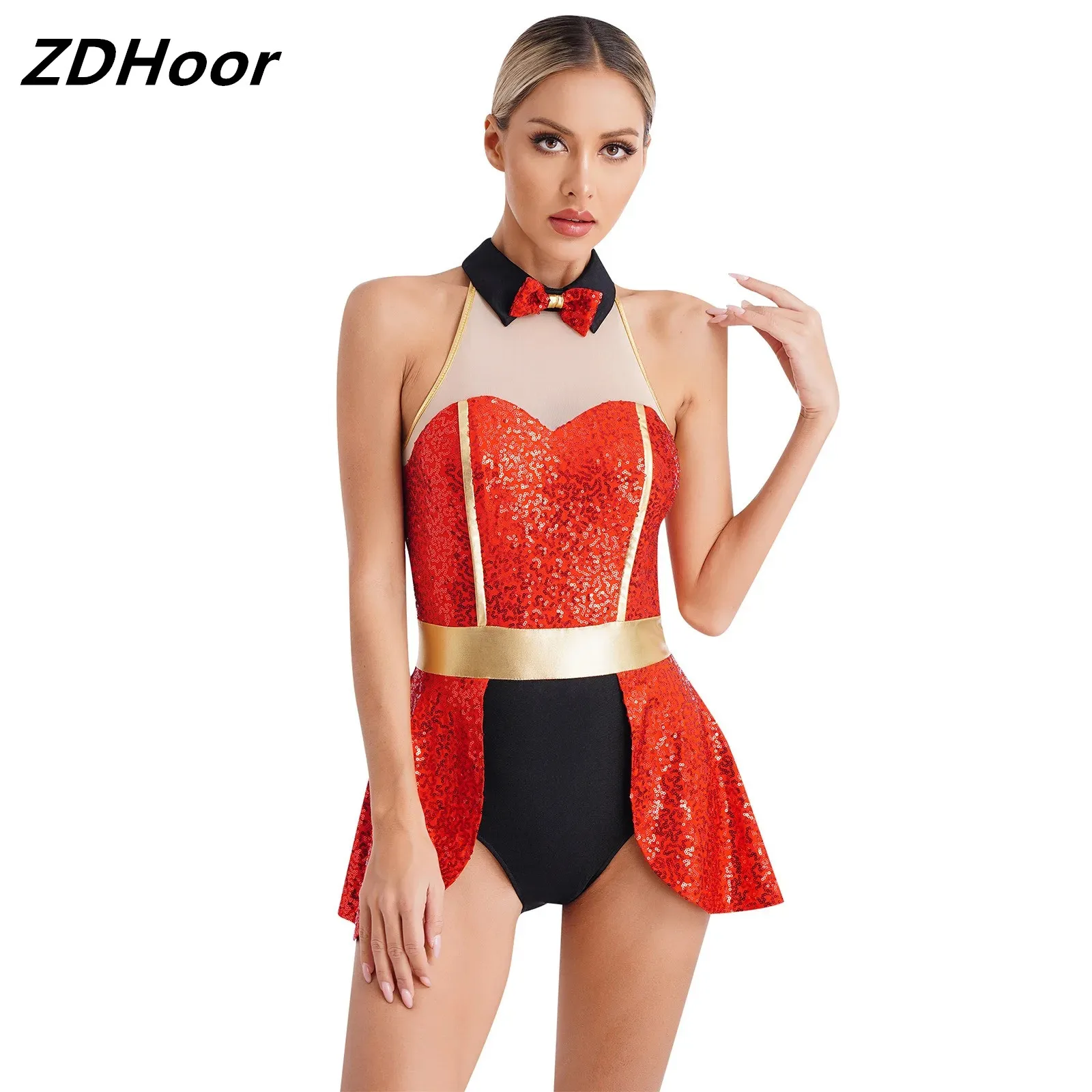 

Womens Circus Sequin Leotard Dress Ringmaster Bowtie Keyhole Sleeveless Skirted Bodysuit Dress for Halloween Ice Skating