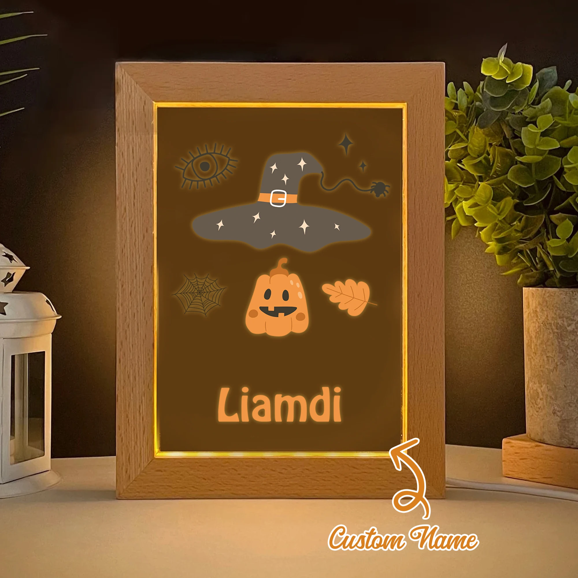 

2D Flat Custom Name Pumpkin Witch Hat LED Acrylic Night Light Wood Photo Frame 21x17cm Halloween Bedroom Gifts Home Decoration