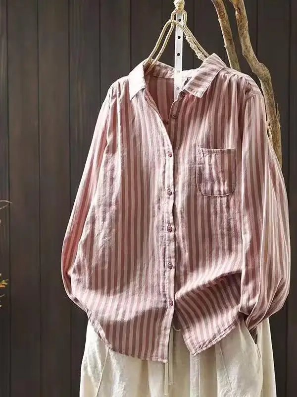 

Повседневная свободная женская рубашка с длинным рукавом в винтажном стиле, на пуговицах, в полоску, стройнящая, подходит для фигуры типа «груша»