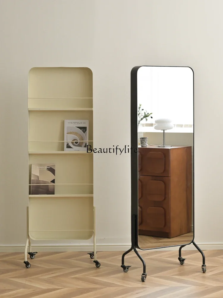 Cream wind floor full body mirror removable magazine holder mirror integrated dressing rotating fitting mirror