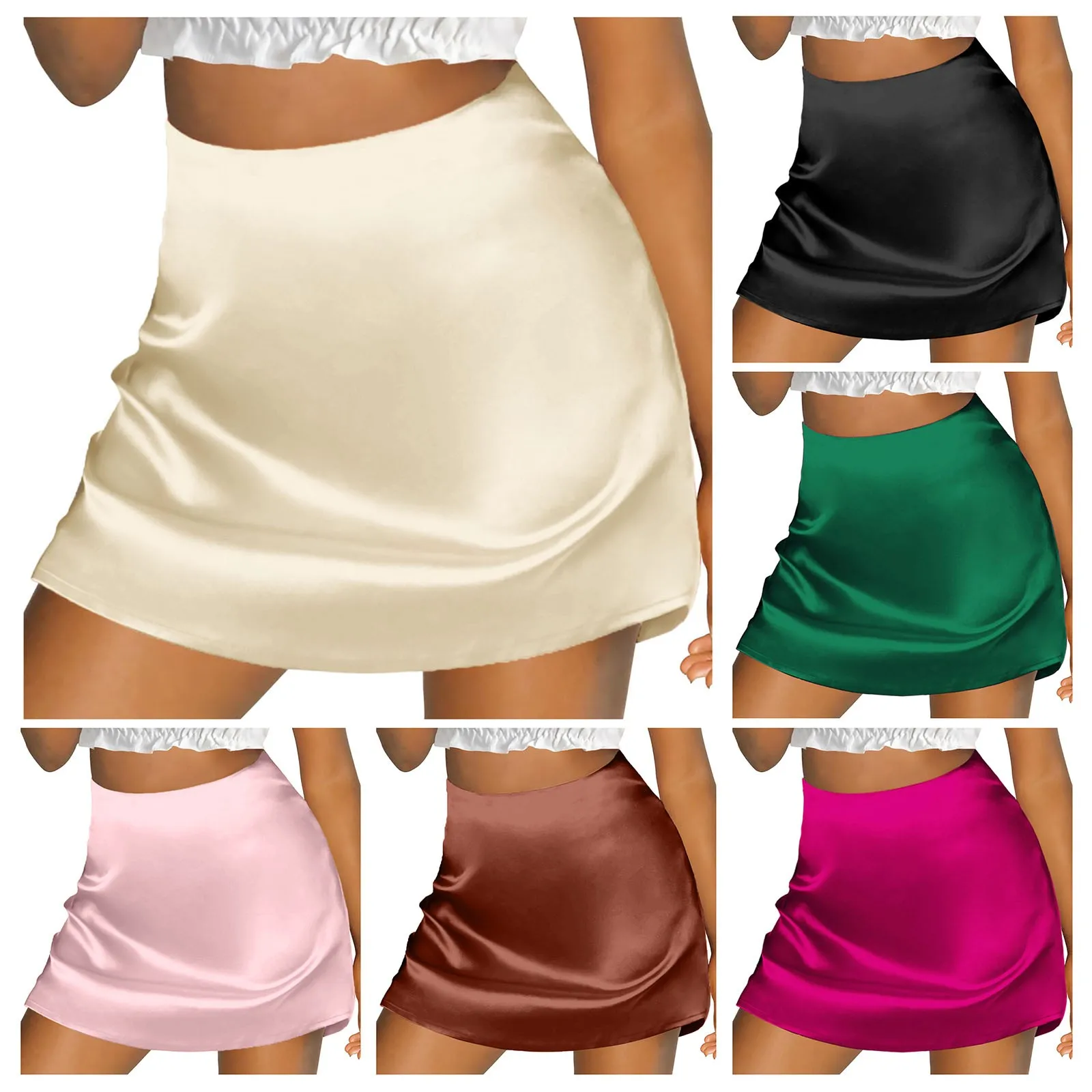 Womens Satin Skirts Mini Length A-Line Zipper Short Skirt Summer Elegant Lolita Faldas Korean Fashion Satin Ribbon Lined Skirt