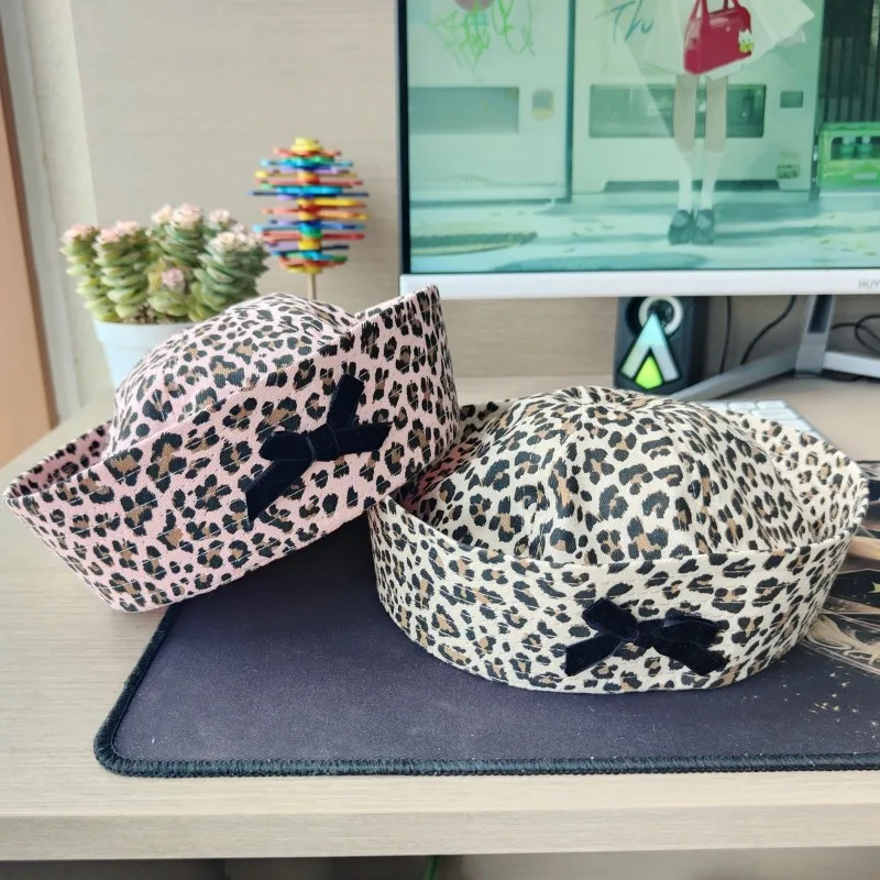 2024 Niche Personalized Bow Leopard Print Sailor Hat Women\'s Spring and Autumn Thin Flipped Brim Foldable Street Trend Beret