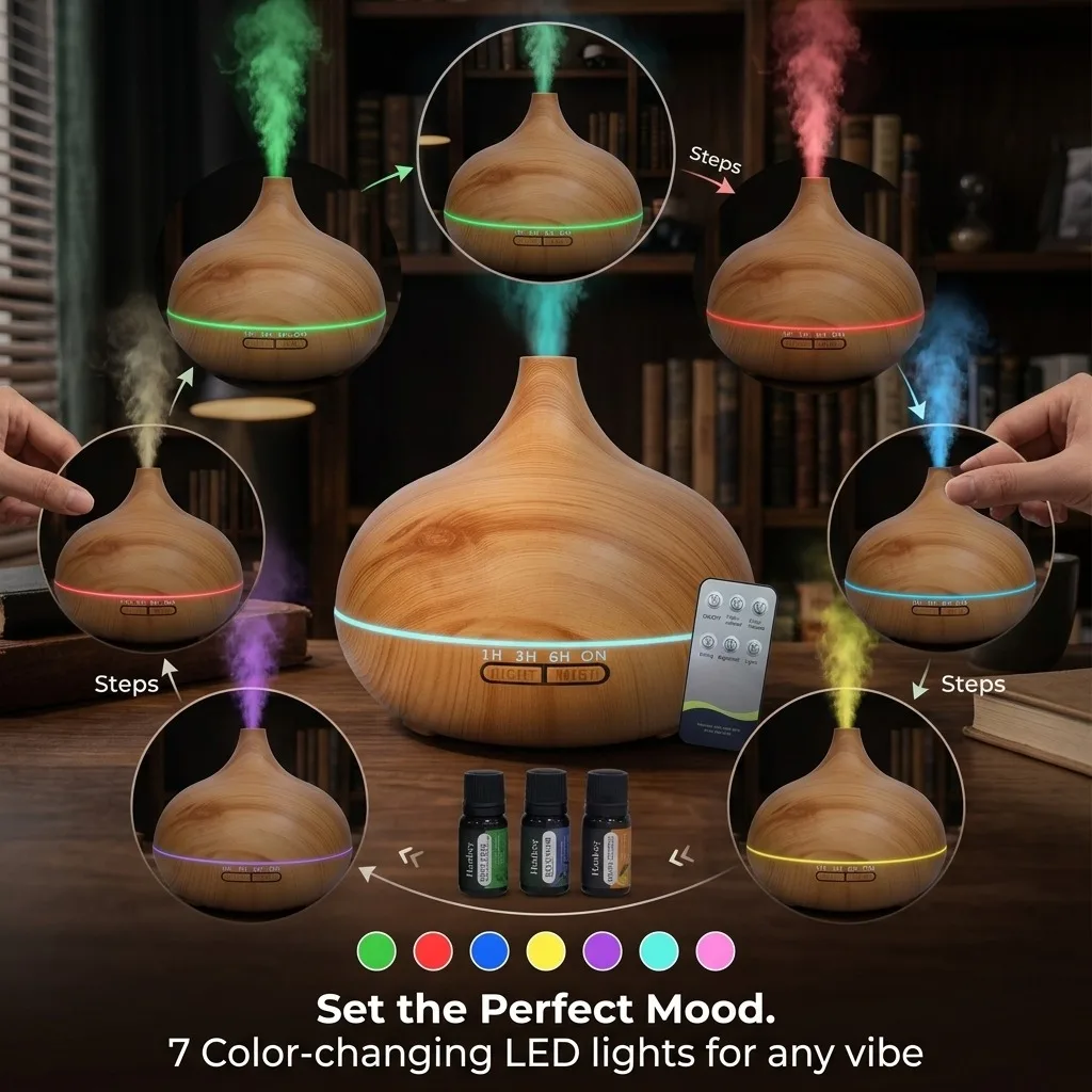 18.6 Ounce Essential Oil Diffuser Soundwave Technology Air Humidifier Mute Humidification Atomizer Aroma Diffuser Timeable Settings Simple Design Scent Diffuser Continuous Spray for Home Living Room Bedroom Office