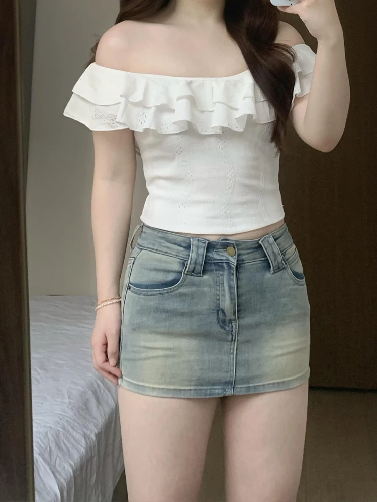 Retro American Washed Denim  Skirt Women's Summer New Slimming Versatile Tight Fit Bodycon Half-length Skirt Pants