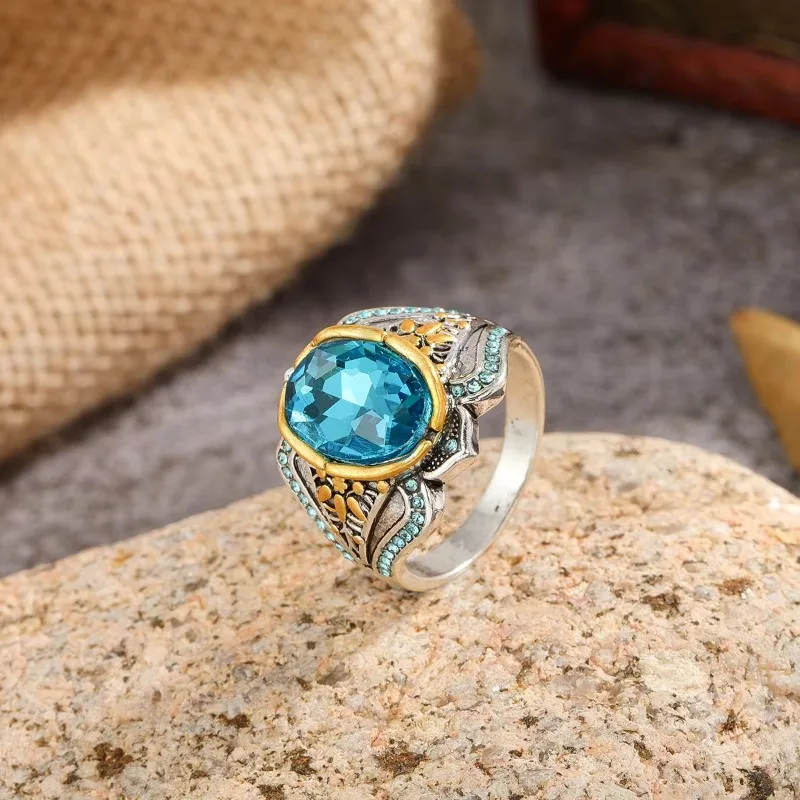 Aliexpress wish hot sale carved alloy blue gemstone ring two-color European and American vintage gemstone wedding ring