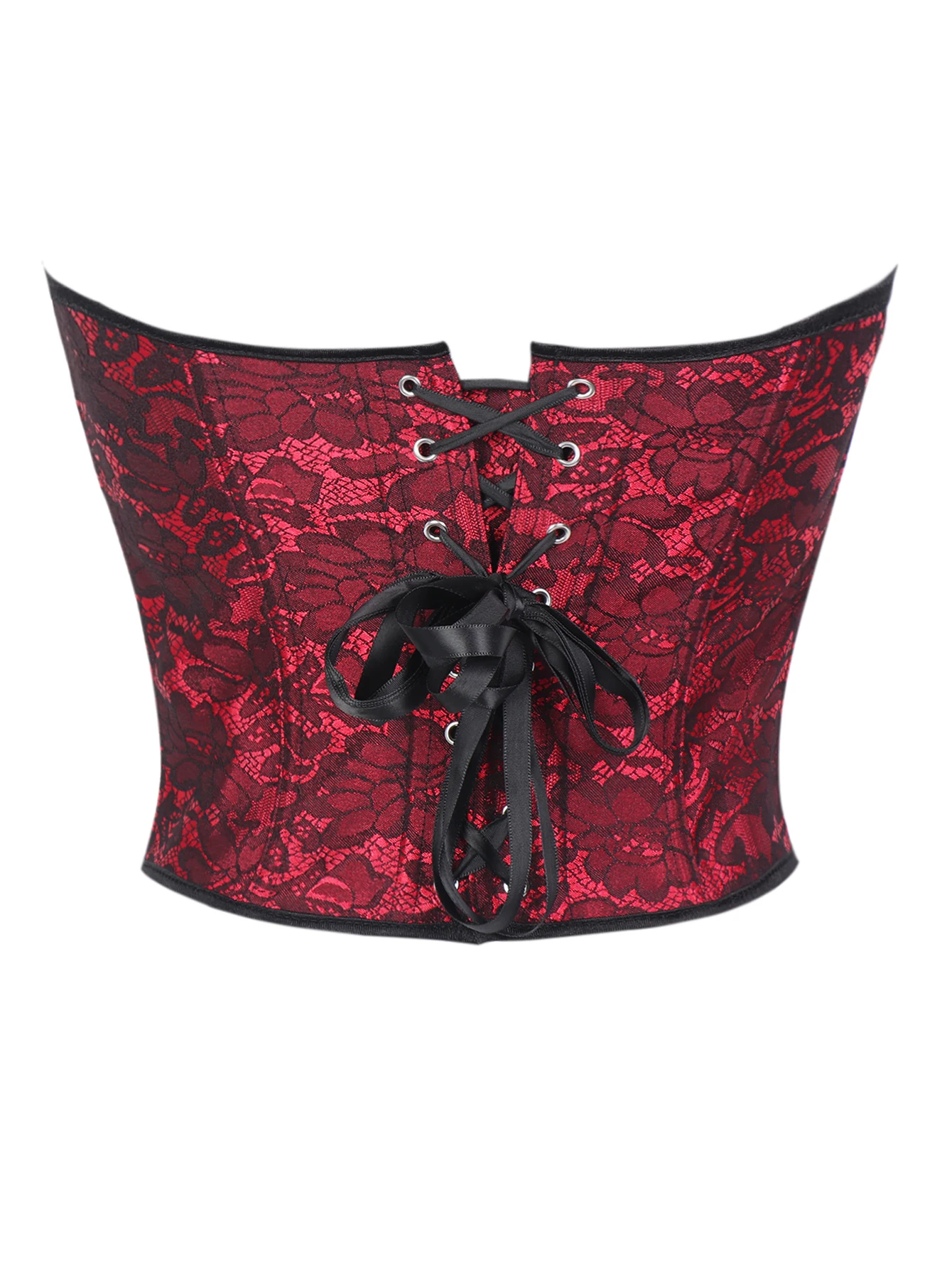 Women Jacquard Corset Bustier Strapless Sweetheart Neck Red Floral Pattern Front Hook Closure Back Lace Up Vintage Gothic