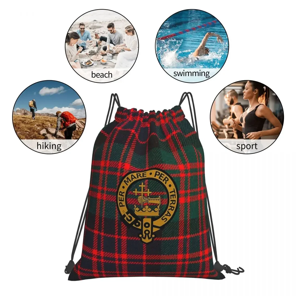 Modern MacDonald Clan Tartan With MacDonald Clan Crest Backpacks Portable Drawstring Bags Sports Bag BookBag For Travel School