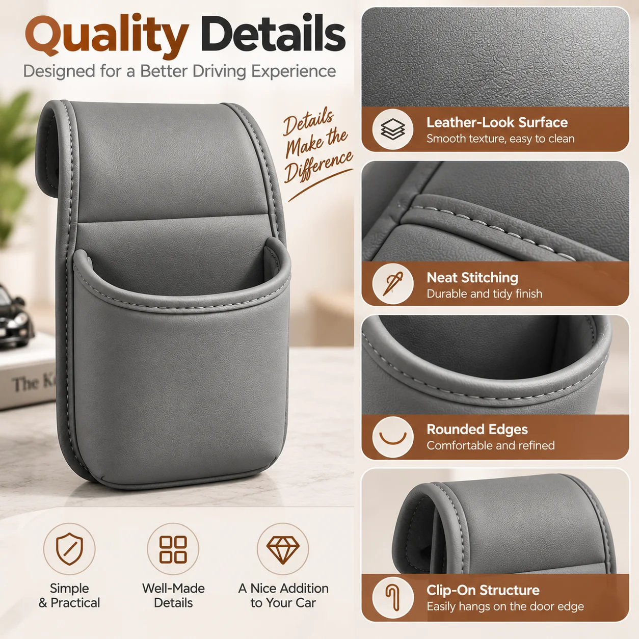 1/2 Pcs Leather Clip‑On Car Door Cup Holder, Classic Style, Wide‑Mouth Storage Pocket For Drinks And Cell Phone