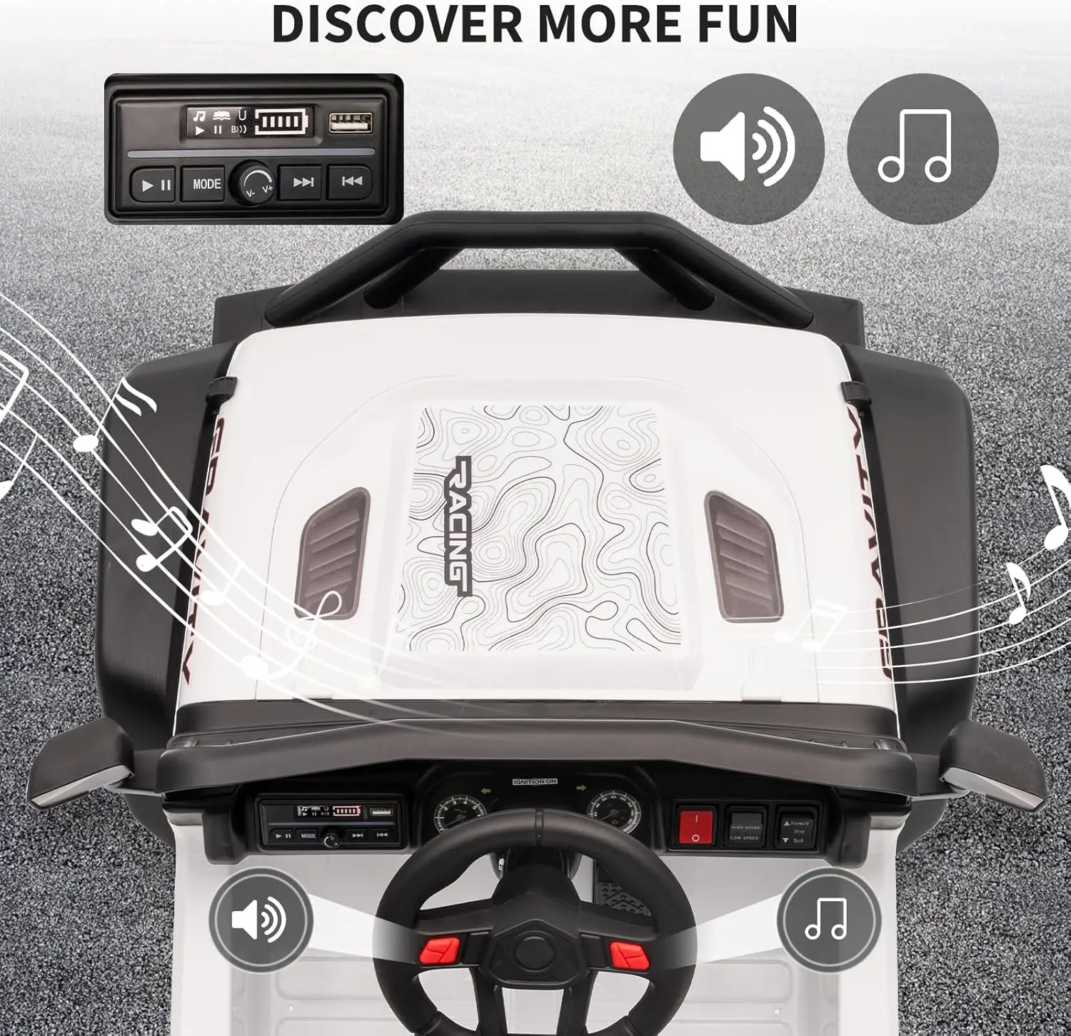 Voiture 12V, véhicules électriques pour enfants avec jouet d'équitation télécommandé avec ceinture de sécurité, 3 vitesses, lumière LED pour enfants de 3 à 6 ans