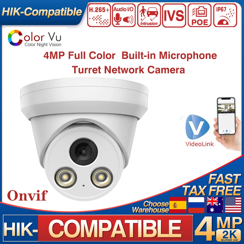 HIkvision Compatible 4MP POE FullColor Turret Network Camera Built-in Micr Surveillance Human Vehicle CCTV Security Camera Onvif