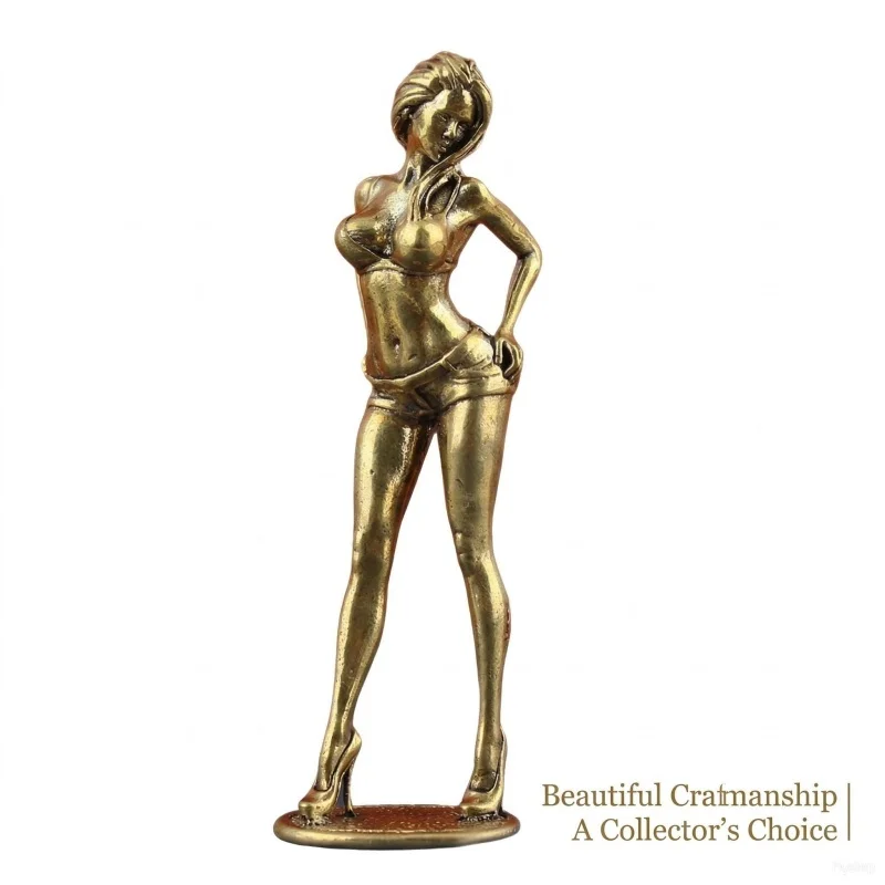 Vintage Solid Copper Bikini Woman Statue Brass Beauty Figurine Retro Desktop Ornament Collectible Crafts Model Gift For Friend