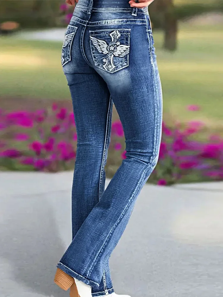 

Women Pants Cross Embroidery Denim 2026 Spring Blue Long Jeans Slim Woman Zipper Lady Casual Pockets High Waist Jean Trousers