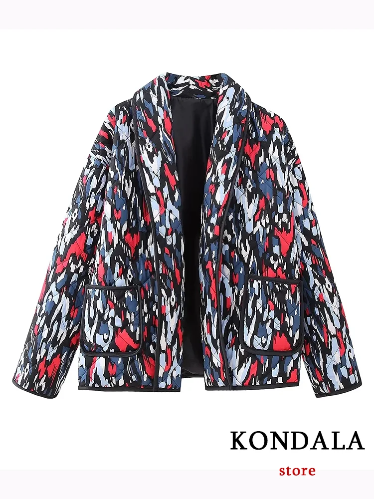 KONDALA Vintage Geometric Women Padded Jacket Print Oversized Pockets Long Sleeve Thick Coat New Fashion 2023 Autumn Winter Top